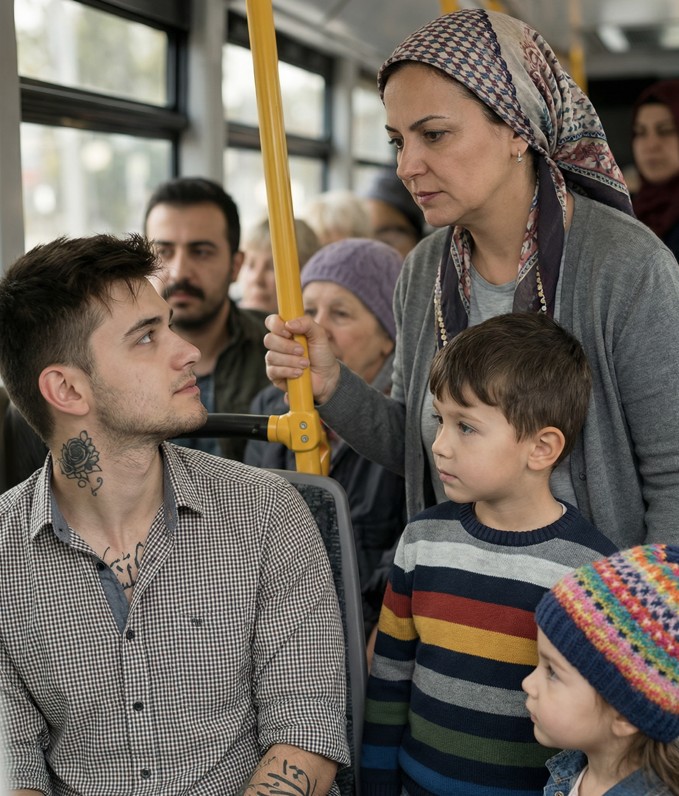 Otobüste yanında iki çocuğu olan bir kadın ayakta bekliyordu - 2